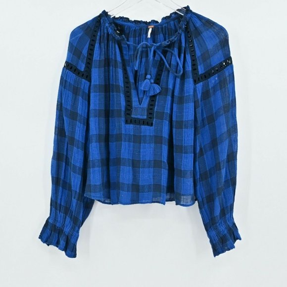 FREE PEOPLE Womens Size XS Honey Grove Blue Black Eyelet Ruffle Sleeve Plaid Top - Picture 2 of 9